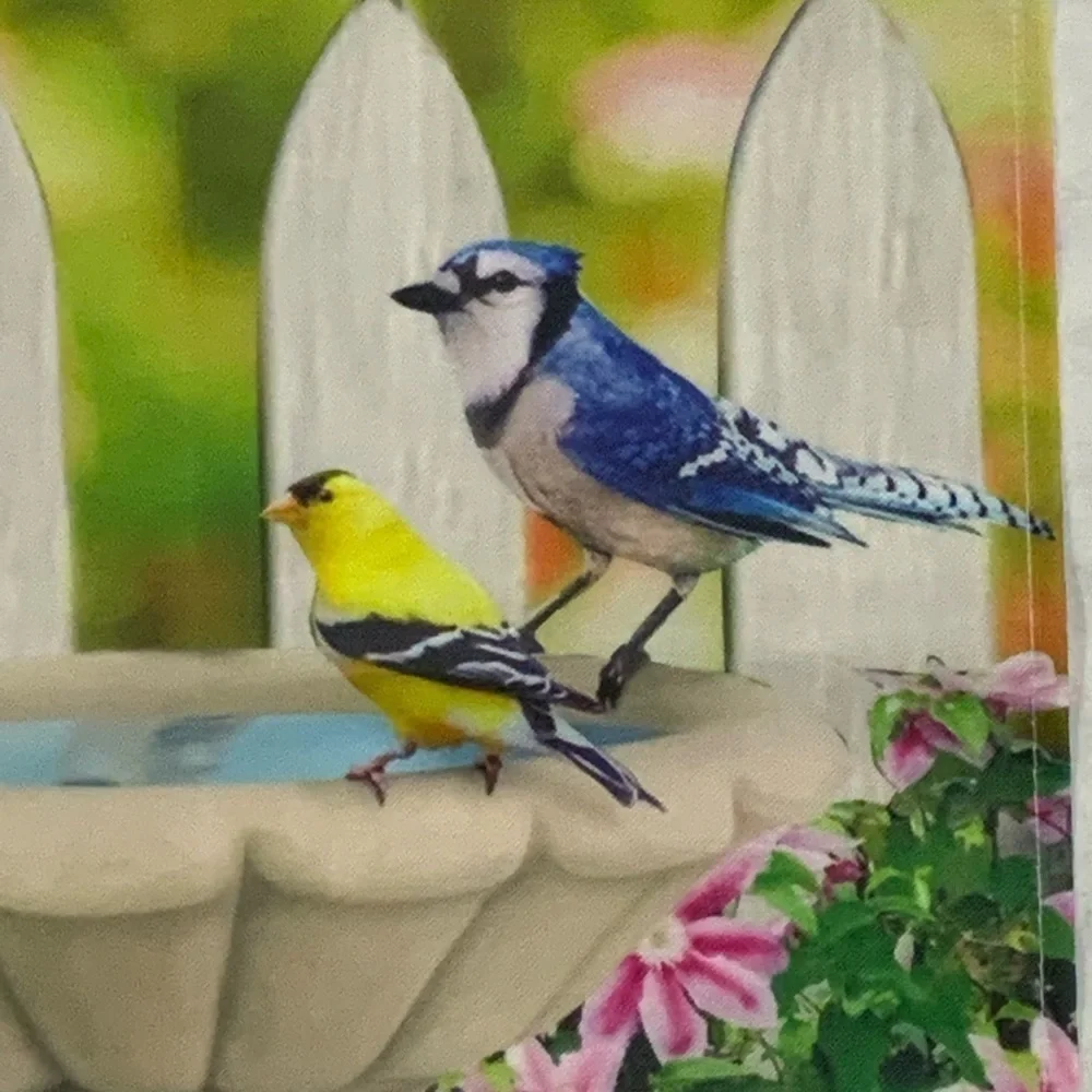 Garden Flag Songbirds Picket Fence Bird Bath Butterflies and Flowers 12 X 18 in